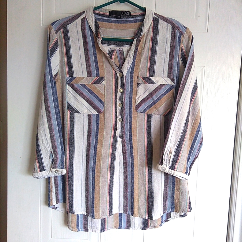 Ness Linen Multicolored Striped Shirt with Buttons and 3/4 Sleeves
